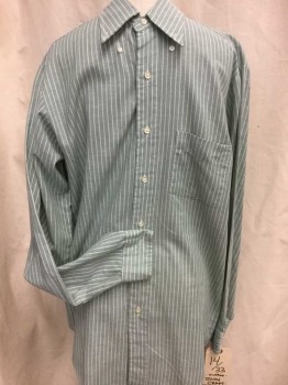 TOWNCRAFT, Green, White, Cotton, Polyester, Stripes, Long Sleeves, Button Front, Button Down, Collar Attached, 1 Pocket, Oxford