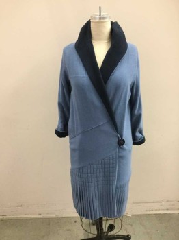 M.T.O., Baby Blue, Navy Blue, Solid, Made To Order, 1920's Long Sleeves Baby Blue Coat with Navy Shawl Collar/lapel, 1 Navy Button Closure, Navy Rolled Cuff, Angled Accordian Pleated Hem Panel, Line Of Navy Buttons Back Detail