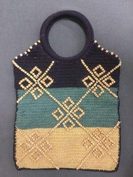 JAMIN PUECH, Black, Steel Blue, Tan Brown, Rayon, Silk, Stripes, Argyle, Flat Crochet Soutache with Wooden Bead Argile Design, Hoop Handle