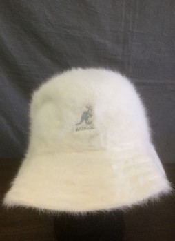 KANGOL, Cream, Angora, Nylon, Solid, Fluffy Texture Stitched Brim Bucket Hat, No Lining, Gray Kangol Logo at Center Front