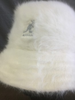 KANGOL, Cream, Angora, Nylon, Solid, Fluffy Texture Stitched Brim Bucket Hat, No Lining, Gray Kangol Logo at Center Front