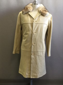 MAC & WISE, Beige, Leather, Faux Fur, Solid, Single Breasted, Collar Attached, Notched Lapel, 2 Pockets, Raised Yoke Seam, Brown/Tan Faux Fur Zip Attached Collar, Light Orange Faux Fur Zip Attached Half Lining, Hem Below Knee