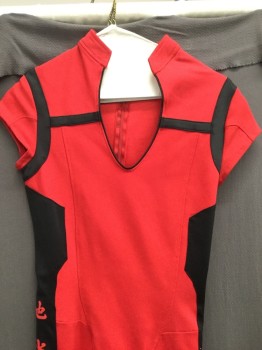 NL , Red, Black, Polyester, Spandex, Solid, Jumpsuit, Short Sleeves, V-neck, Band Collar,  Black Side Stripe with Asian Writing, Back Zipper,