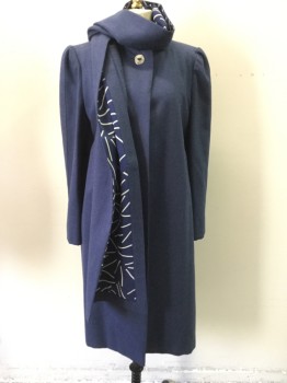 PAULINE TRIGERE, Navy Blue, Wool, Heathered, Coat, Stand Collar, 1 Silver Button, Self Sleeve Stripe, Navy with Off-White Smattered Lines Lining, ***with Scarf, Solid Heather Navy with Novelty Print on Reverse, 60's Inspired