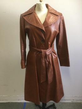 N/L, Ochre Brown-Yellow, Leather, Solid, 4 Buttons, Attached Belt, Wide Collar, Stitched Tucks Detail Center Back, Perfect for Foxy Brown