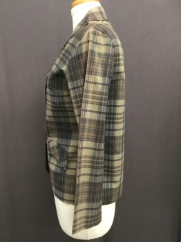 MTO, Brown, Lt Brown, Charcoal Gray, Cotton, Plaid, Single Breasted, 3 Buttons,  Notched Lapel, 2 Pocket Flaps, Unlined