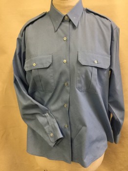 GOLD STAR, Lt Blue, Polyester, Solid, Collar Attached, Button Front, 2 Pockets with  Flap, Long Sleeves, Epaulettes