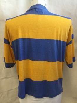 BUGLE BOY, French Blue, Goldenrod Yellow, Polyester, Cotton, Stripes - Horizontal , Crew Neck, 3 Gray Button Front, Short Sleeves, 1" Side Hem Split