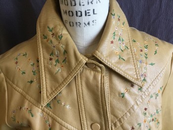 PARTNERS3, Tan Brown, Green, Red, Yellow, Ecru, Vinyl, Chevron, Floral, Vine/little Tiny Flowers/leaves Embroidery Front, Back Yoke, Long Sleeves Cuffs, Tan Snap Front, 2 Pockets, 6" Side Split Hem, Goldish-yellow Lining,
