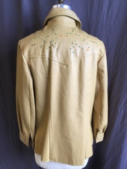 PARTNERS3, Tan Brown, Green, Red, Yellow, Ecru, Vinyl, Chevron, Floral, Vine/little Tiny Flowers/leaves Embroidery Front, Back Yoke, Long Sleeves Cuffs, Tan Snap Front, 2 Pockets, 6" Side Split Hem, Goldish-yellow Lining,