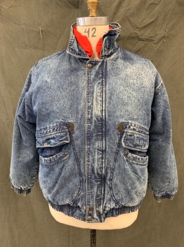 PACIFIC TRAIL, Denim Blue, White, Cotton, Acid Wash, Denim Jacket, Zip Front, Snap Hidden Placket, 4 Pockets, Stand Collar with Button Tab and Zipper with Red Drawstring Hood Inside, Long Sleeves, Elastic Waistband/Cuff, Red Lining with Fill, Red Fill Undercollar,