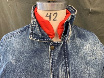 PACIFIC TRAIL, Denim Blue, White, Cotton, Acid Wash, Denim Jacket, Zip Front, Snap Hidden Placket, 4 Pockets, Stand Collar with Button Tab and Zipper with Red Drawstring Hood Inside, Long Sleeves, Elastic Waistband/Cuff, Red Lining with Fill, Red Fill Undercollar,