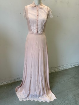 N/L MTO, Dusty Rose Pink, Silk, Solid, Crepe De Chine with Sheer Lace Cap Sleeves, Peter Pan Collar, Self Fabric Buttons at Front, Bib Panel at Chest with Lace Trim, Self Belt Attached at Waist, Floor Length with Jagged Lace Hem,  Made To Order Inspired