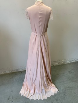 N/L MTO, Dusty Rose Pink, Silk, Solid, Crepe De Chine with Sheer Lace Cap Sleeves, Peter Pan Collar, Self Fabric Buttons at Front, Bib Panel at Chest with Lace Trim, Self Belt Attached at Waist, Floor Length with Jagged Lace Hem,  Made To Order Inspired