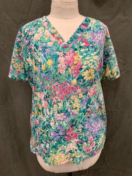 LANDAU, Green, Lt Green, Yellow, Purple, White, Poly/Cotton, Floral, V-neck, Short Sleeves, 2 Pockets, Pullover