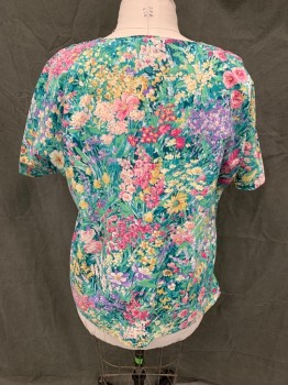 LANDAU, Green, Lt Green, Yellow, Purple, White, Poly/Cotton, Floral, V-neck, Short Sleeves, 2 Pockets, Pullover