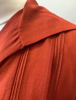 N/L, Brick Red, Silk, Solid, Sheer Crepe De Chine, 3/4 Sleeves, Surplice Wrap Closure with 1 Hook & Eye at Chest, Snap at Waist, Collar Attached, Tiny Vertical Pin Tucks, Self Bow at Center Front Waist, Boxy Oversized Fit,