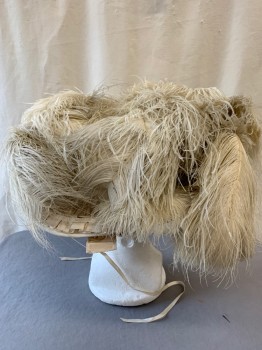 MTO, Cream, Silk, Feathers, Solid, Gathered Chiffon Brim with Gathered Satin Ribbon and Grosgrain Edge Trim, Beaded Satin Bow and Buckle, Somewhat Delicate, Nicely Mended in Spots