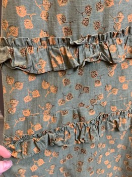 MTO, Dusty Green, Brown, Peachy Pink, Cotton, Leaves/Vines , 3 Rows of 2" Wide Ruffles, Hook & Eyes with Snaps, Gathers Into Waistband Center Back, Mended