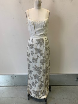 NO LABEL, Ivory White, Silver, Silk, Floral, Spaghetti Strap, Scoop Neck, Heavily Beaded Dress, Side Slits, Back Zipper, Aged and Distressed