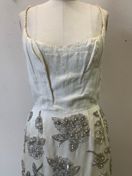 NO LABEL, Ivory White, Silver, Silk, Floral, Spaghetti Strap, Scoop Neck, Heavily Beaded Dress, Side Slits, Back Zipper, Aged and Distressed