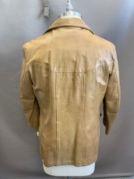 SCHOTT, Lt Brown, Leather, Solid, Single Breasted, 3 Buttons,  Peaked Lapel, 2 Pockets, with Brown Fleece Liner,