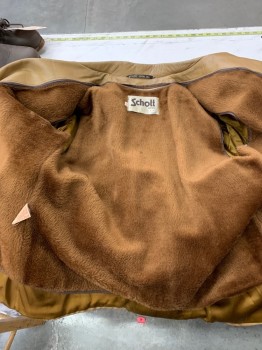 SCHOTT, Lt Brown, Leather, Solid, Single Breasted, 3 Buttons,  Peaked Lapel, 2 Pockets, with Brown Fleece Liner,
