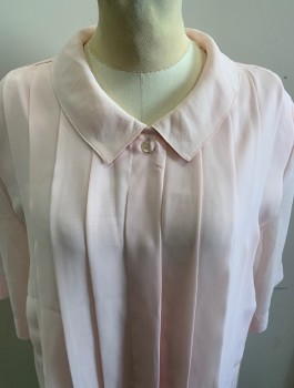 SUSAN HUTTON, Lt Pink, Polyester, Solid, S/S, Button Front, Collar Attached, Pleated Vertically At Front, Hidden Placket