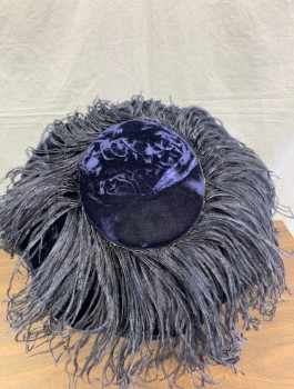 N/L, Midnight Blue, Cotton, Feathers, Velvet with Ostrich Feathers Around Brim, Low/Flat Crown, 3" Brim, in Good Condition