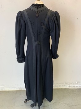N/L MTO, Black, Wool, Solid, 3 Large Buttons with Intricate Corded Detail, Vertical Stripes of Black Gimp and Braided Horsehair Trim at Front, Ankle Length, Taupe Lining with Self Diamond Pattern, Made To Order