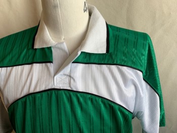 N/L, Kelly Green, White, Polyester, Color Blocking, Stripes - Shadow, Dolman Short Sleeves, White Rounded Chest Panel with Black Piping, Ribbed Knit White with Black and Green Stripe Collar Attached, Placket with No Buttons, Soccer, Team Jersey, Multiple