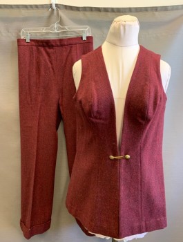 N/L MTO, Dk Red, Dk Brown, Wool, Herringbone, Vest, Deep Plunging V-neck with Gold Buttons and Chain Closure at Waist, Hip Length, Black Lining, Made To Order