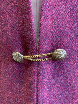 N/L MTO, Dk Red, Dk Brown, Wool, Herringbone, Vest, Deep Plunging V-neck with Gold Buttons and Chain Closure at Waist, Hip Length, Black Lining, Made To Order