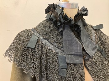 N/L, Tobacco Brown, Black, Wool, Silk, Color Blocking, Wool Short Cape **moth Holes, Elaborate Black Moire Silk Collar with A Double Row Of Seed Beads, Double Row Of Wide Lace, Ribbon Timmed Tulle Ruffle At Neck, Hook & Eye Front,