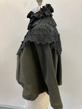 N/L, Tobacco Brown, Black, Wool, Silk, Color Blocking, Wool Short Cape **moth Holes, Elaborate Black Moire Silk Collar with A Double Row Of Seed Beads, Double Row Of Wide Lace, Ribbon Timmed Tulle Ruffle At Neck, Hook & Eye Front,