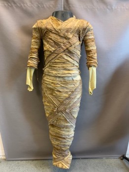 MTO, Ochre Brown-Yellow, Cotton, Latex, Solid, Gauze/cotton Wrapped Mummy Body, Aged & Distressed, Hieroglyphic Print, Zip Back with Velcro Closure, Basket Weave V Shape Front and Back, Shoulder Snaps, Legs Wrapped Together But Foot Center Back Zipper and Elastic for Actor to Walk, Head and Mittens, Made To Order,