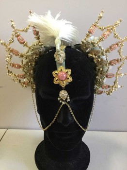 Gold, Pink, White, Beaded, Feathers, Floral, Geometric, Antique Looking Hindu Looking Ethnic Crown