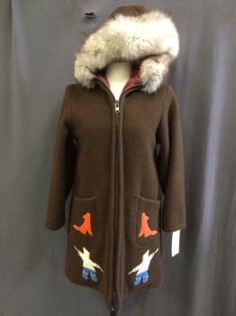 HUDSON'S BAY COMPANY, Brown, Orange, White, Royal Blue, Wool, Fur, Solid, Novelty Pattern, 2-way Zip Front, Fur Trimmed  Hood Hip Length, 2 Pockets, Lined, Felt Inuit and Fox  Appliques