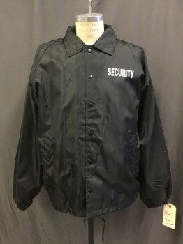 TACT SQUAD, Black, Nylon, Synthetic, Solid, Black, Snap Front, Collar Attached, 2 Pockets, Drawstring Waist, "SECURITY" Graphic Front And Back
