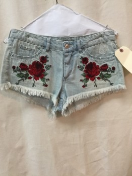 H&M, Lt Blue, Red, Green, Cotton, Synthetic, Solid, Floral, Lt Blue, Red/ Green Rose Embroidery, Cut Off Hem, Lightly Distressed