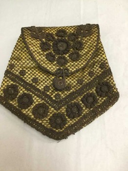N/L, Lt Yellow, Brown, Gold, Silk, Floral, Yellowish Green Silk, Brown with Flecks Of Gold Honeycomb Crochet with Crochet Florets, Brown/Olive Paisley, Crochet Hook and Button Closure,