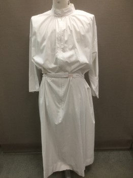 COTTER/ABBEY, White, Cotton, Solid, Stand Collar, Long Sleeves, Zip Front, Self Belt with Velcro Closure Attached at Waist, Floor Length Hem