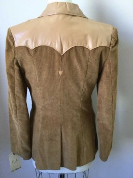 MS PIONEER, Tan Brown, Cotton, Faux Leather, Solid, Single Breasted, Western Yoke/ Buttons/ Pocket Flaps and 1/2 Notched Lapel, 2 Buttons,