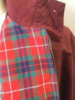 BARACUTA, Maroon Red, Cotton, Polyester, Solid, Collar Attached with 2 Buttons,  2 Pockets with Slant Flaps, Ribbed Knit Long Sleeves Cuffs & Hem, Zip Front,