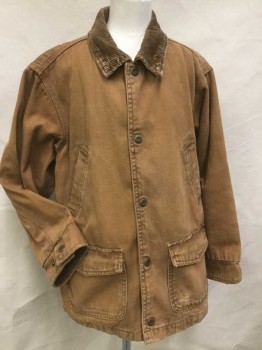 WALLS, Lt Brown, Cotton, Solid, (aged) Peach/light Brown Canvas W/light Brown Cords Collar Attached, 5 Brass Snap Front, 4 Pockets, Long Sleeves,