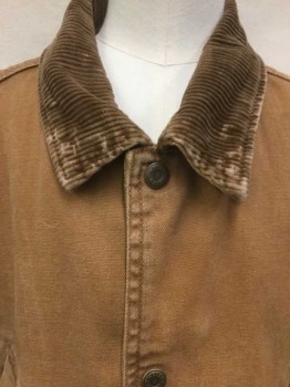 WALLS, Lt Brown, Cotton, Solid, (aged) Peach/light Brown Canvas W/light Brown Cords Collar Attached, 5 Brass Snap Front, 4 Pockets, Long Sleeves,