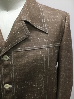 N/L, Brown, Ivory White, Polyester, Speckled, 4 Buttons, Single Breasted, Sportswear Top Stitching, 2 Double Welt Pockets, the Fabric is Printed with the White Speckle, It is Very Well Done, Green and Brown Print Lining,