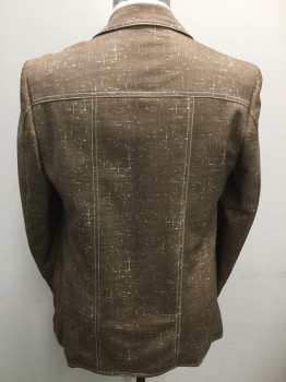 N/L, Brown, Ivory White, Polyester, Speckled, 4 Buttons, Single Breasted, Sportswear Top Stitching, 2 Double Welt Pockets, the Fabric is Printed with the White Speckle, It is Very Well Done, Green and Brown Print Lining,