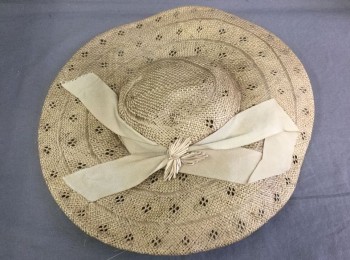 N/L, Taupe, Straw, Silk, Solid, Taupe Straw with Self Diamond Pattern Holes, Wide Brim, Round Crown, Taupe Faille Bow with Taupe Silk Flower Detail,