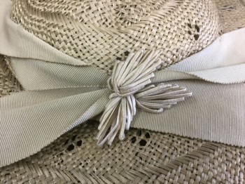 N/L, Taupe, Straw, Silk, Solid, Taupe Straw with Self Diamond Pattern Holes, Wide Brim, Round Crown, Taupe Faille Bow with Taupe Silk Flower Detail,